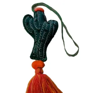 Mexican Cactus Pom-Pom Key Chain Handmade Felt Tassel with Vibrant Floral Designs for Purse Accessory