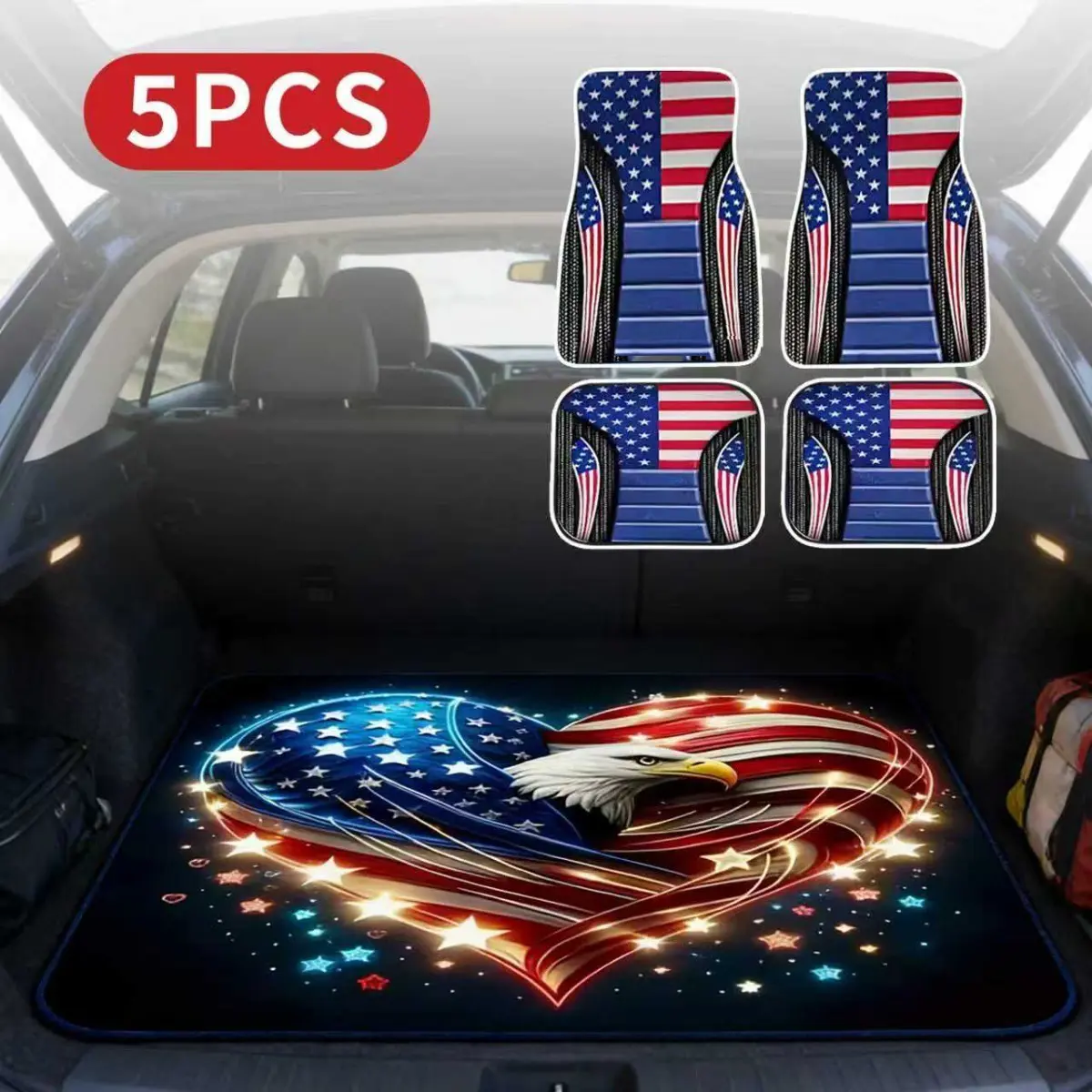 5 PCS of Car Floor Mats Set American Flag Pattern Front Rear Car Carpet Mats and Mat Heart-Shaped Flag Car Trunk Durable Cargo Mat Rear Trunk Liner Stylish Vehicle Interior Accessories Suitable for Most Car Models