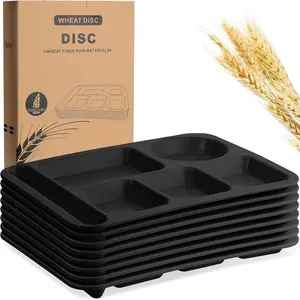 8 count Large 14 Inch Unbreakable Divided Plates for  Adults Wheat Straw Tray Dishwasher Microwave Safe  Compartment Plates(Black)