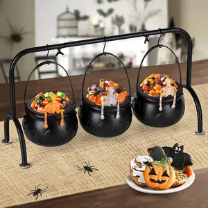 Halloween Decorations Indoor,Halloween Decor- Set of 3 Halloween Witches Cauldron Candy Serving Bowls on Rack,Black Plastic Cauldron with Skeletons for Indoor Outdoor Home Kitchen Decoration