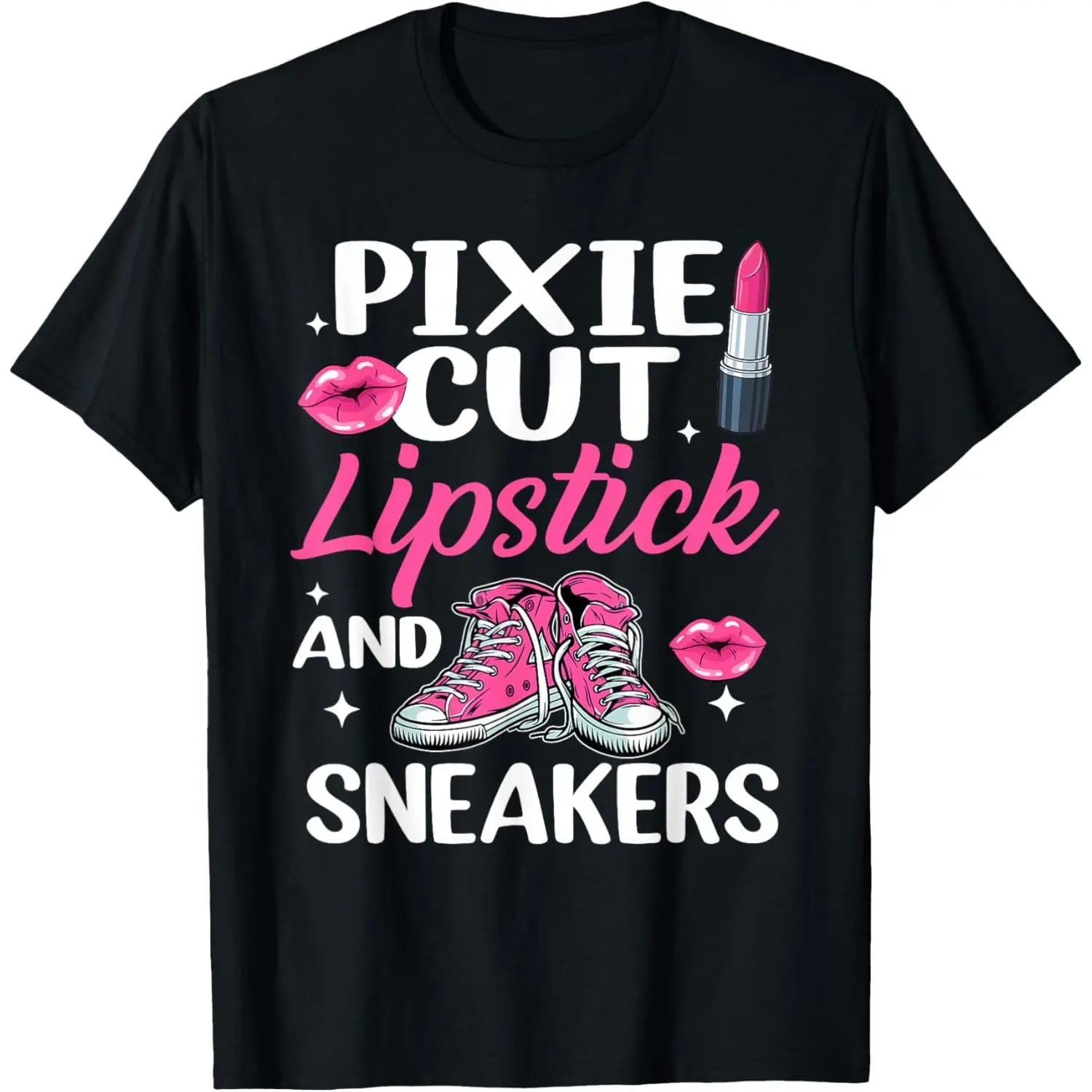 100% Cotton Pixie Cut Lipstick and Sneakers Short Hair Style Fashion T-Shirt