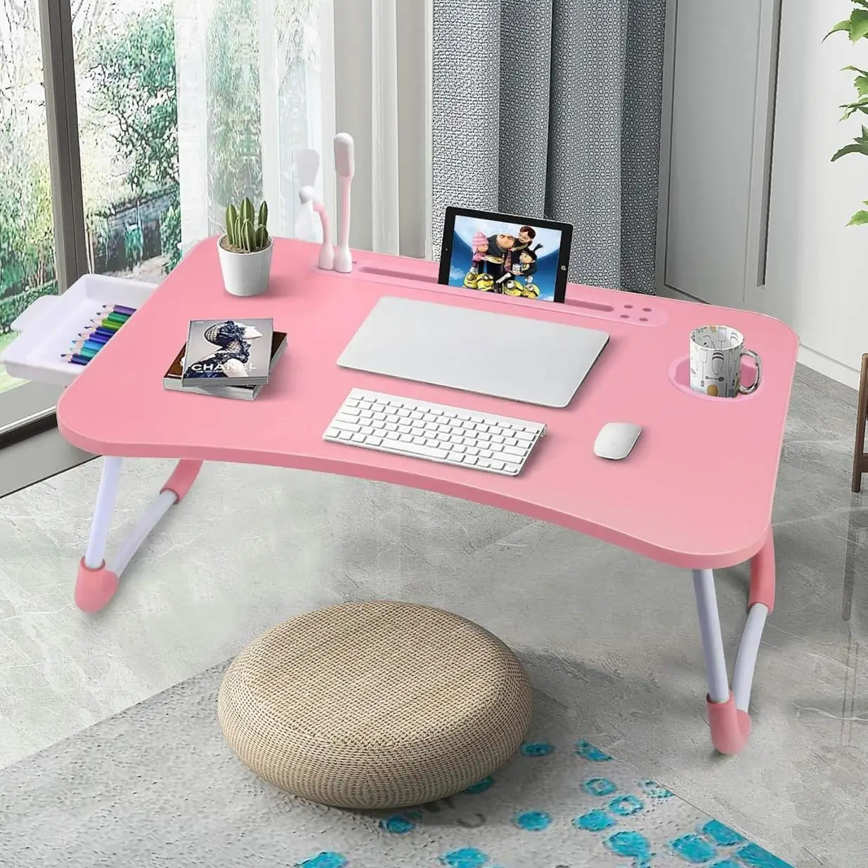 1pc Oversized Portable Laptop Bed Table - Foldable & Durable Wooden Computer Tray with Cup Holder, Drawer, USB, Fan & Light - Ideal for Reading, Writi