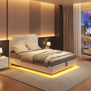 Queen Size Floating Bed Frame with LED Lights & Charging Station, Hydraulic Lift Storage Platform Bed with Hidden Legs, No Box Spring Needed, Easy Assembly