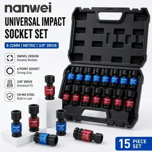 15PCS 3/8 Inch Drive Universal Joint Deep Impact Socket Set, 8-22mm Metric Swivel Hex Socket Kit, Color Coded CR-V Steel Flexible Sockets with Hard Storage Case for Auto Motorcycle Garage Mechanical Repair