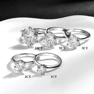 Genuine 925 Sterling Silver 1/2/3/5/10CT Round Cut Moissanite Solitaire Ring (5-10)