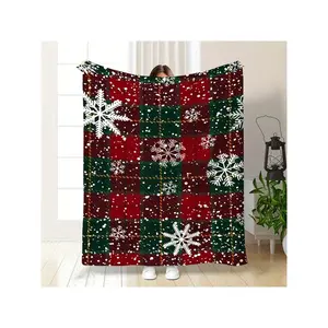 1pc Snowflake Plaid Blanket - Ultra-Soft Flannel Throw With Festive Red & Green Checkered Pattern, White Snowflakes & Golden Accents, Perfect For Sofa, Bedroom, Office, Travel - All-Season Cozy Gift, Christmas Decor-30*40in