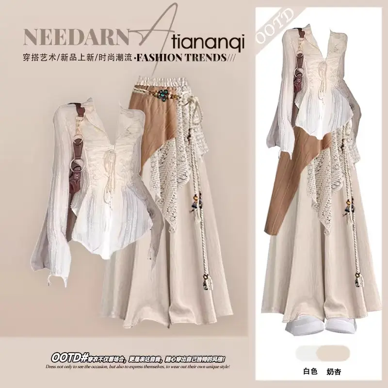 French Style Vacation Two-piece Suit, Elegant Blouse Match All-match Skort Slim Summer Ladies Outfit