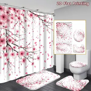 1/4PCS Pink Cherry Blossom Floral Shower Curtain set, Watercolor Pink Sakura Bathroom Decor, Accessories with Bath Mat, U-shaped Mat, Toilet Lid Cover, 12 Hooks 180x180cm Curtain, Blossom Aficionado, Home Decor, bathroom accessories