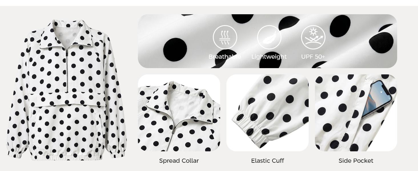 Fisoew Womens Polka Dot Quarter Zip Pullover UPF 50+ Windbreaker Jacket | Stand-Up Collar, Pocket, Oversized, Lightweight, Running, Hiking, Shirts