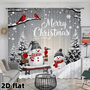 2D Flat 2Pcs Christmas Snowman Cardinal Bird Winter Scene Curtain Panel, Semi Sunshade Polyester Fabric, Pole Pocket Design, Festive Holiday Theme, Suitable for Living Room Bedroom Window Treatment Home Decor Gift