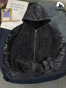 Unisex Rebel Style Liberty Goddess Zip Hoodie, Washed Cotton Sweatshirt with Face Cover & Lightning Print, Soft Fabric Streetwear