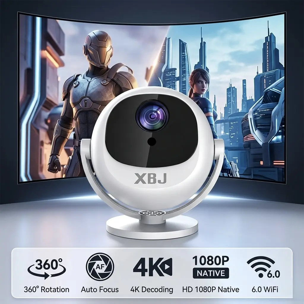 XBJ BL360 Smart Portable Projector | 360° Free Rotation, Native 1080P, 4K Video Decoding, Auto Focus, WiFi6 & Bluetooth5.0, Mini Home Theater for Bedroom & Outdoor Movie Night