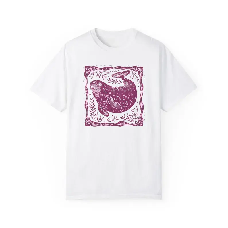 Vintage Manatee Graphic Tee, Folk Woodcut Ocean Animal Floral Border Art Print, Retro Marine Boho Top, 100% Cotton Crewneck T‑Shirt