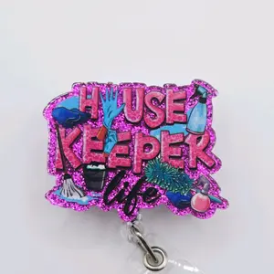 Housekeeper Life Purple Glitter Acrylic Retractable Badge ID Reel Belt or Alligator Clip reels