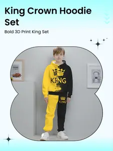 Boys' King Crown Colorblock 3D Digital Print Hoodie Sweatpants Set, Casual Slim-Fitting Long Sleeve Spring & Fall Graphic Print Set