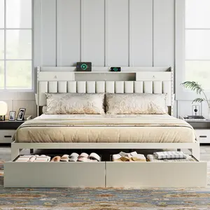 TryLazy Furniture Bed Frame with 4 Drawers, Bedframe with Headboard and Storage, White Velvet Upholstered Bed Frame with Storage, No Mattress, NO Noise, No Box Spring Needed