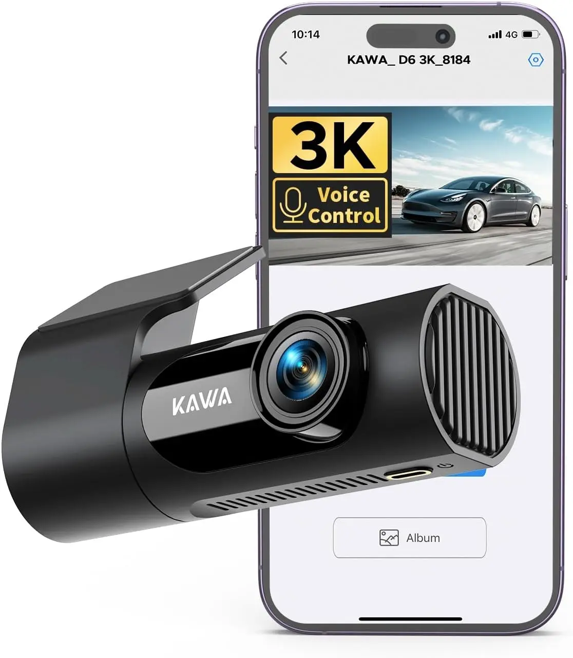 KAWA Car-Mounted Car Camera, 2K 1440P WiFi Dash Cam with Hidden Compact Design, Hand-Free Voice Control, Night Vision, Emergency Rec., Loop Recording, 24-Hour Parking Monitor, APP Support, 256GB Max Storage