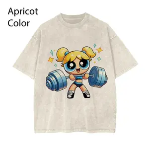 Powerpuff Gym Girl Shirt, Cute Cartoon Workout Tee, Kawaii Fitness Graphic T-Shirt, Apricot Vintage Washed Shirt, Y2K Aesthetic Streetwear, Strong Girl Gym Gift Womenswear Top