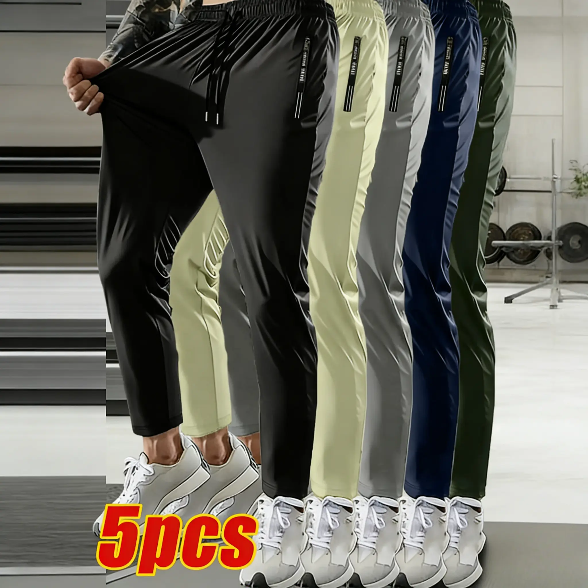 Men's 5-Piece Summer Casual Sports Straight Leg Pants - Ice Silk Lightweight Quick-Drying Breathable Fabric, High Elasticity, Comfortable Drawstring Waist, Zipper Pocket, Gym Set with Pockets, Stretchy Pants for Athletes, Suitable for Outdoor Sports & Gym