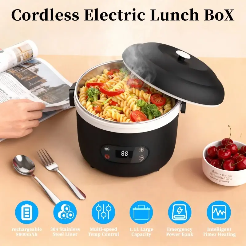 Self-Heating Electric Lunch Box - 100W Power Portable Automatic Heating Food Warmer with Intelligent Timer, 1.1L Large Capacity 304 Stainless Steel Container for Busy Adults
