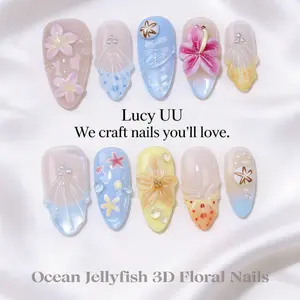 【Lucy UU】3 Styles Luxury Tropical 3D Floral Press On Nails Ocean Jellyfish Red French Silver Glitter Pink French Leopard Print Long Stiletto Shape Handmade Reusable Fake Nail For Women