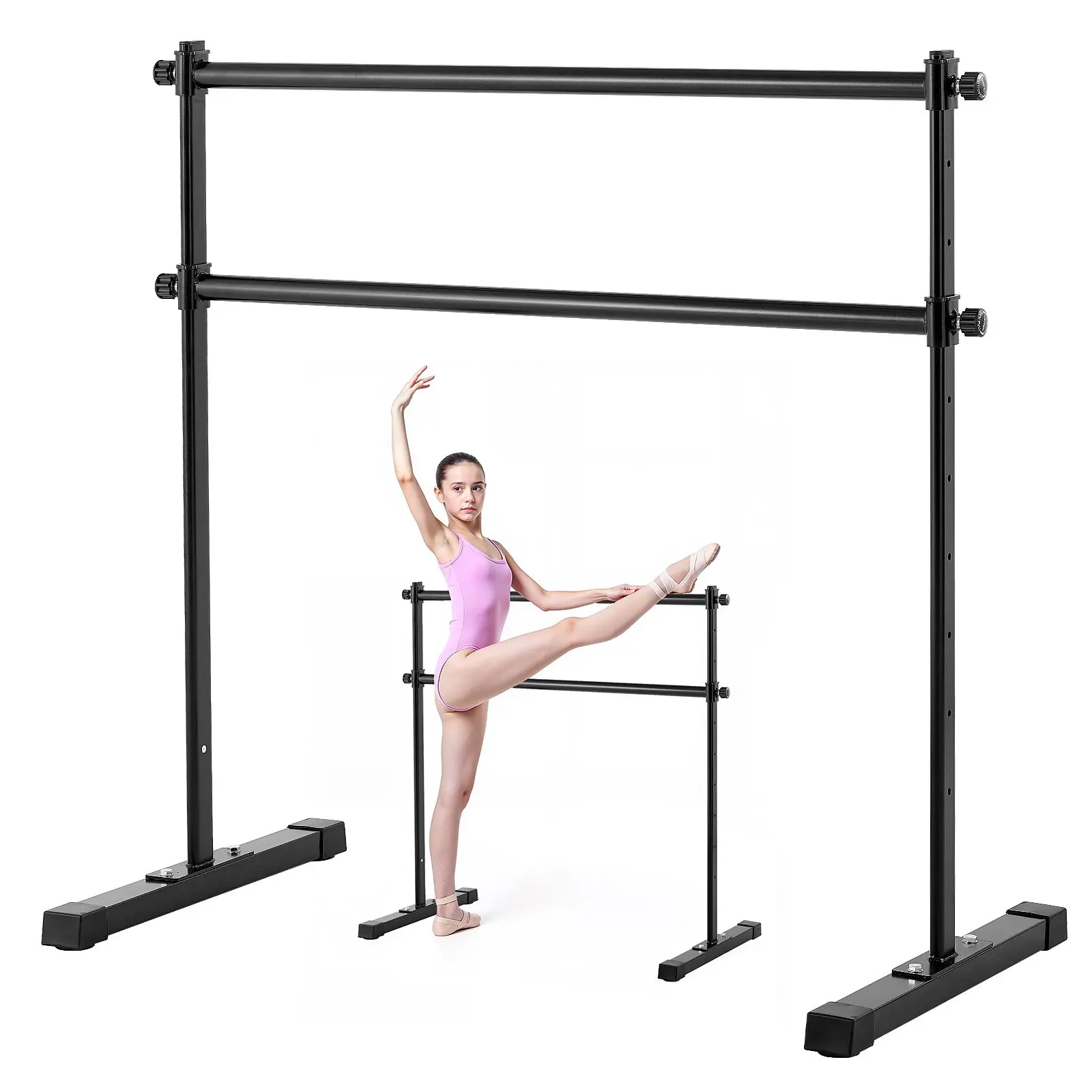 【Summerfinds】VEVOR Double-Bar Freestanding Ballet Barre, 4 Ft Portable Height-Adjustable Anti-Wobble Base Tool, High-Quality Material Home Studio Fitness Equipment for Pilates Balance Workouts