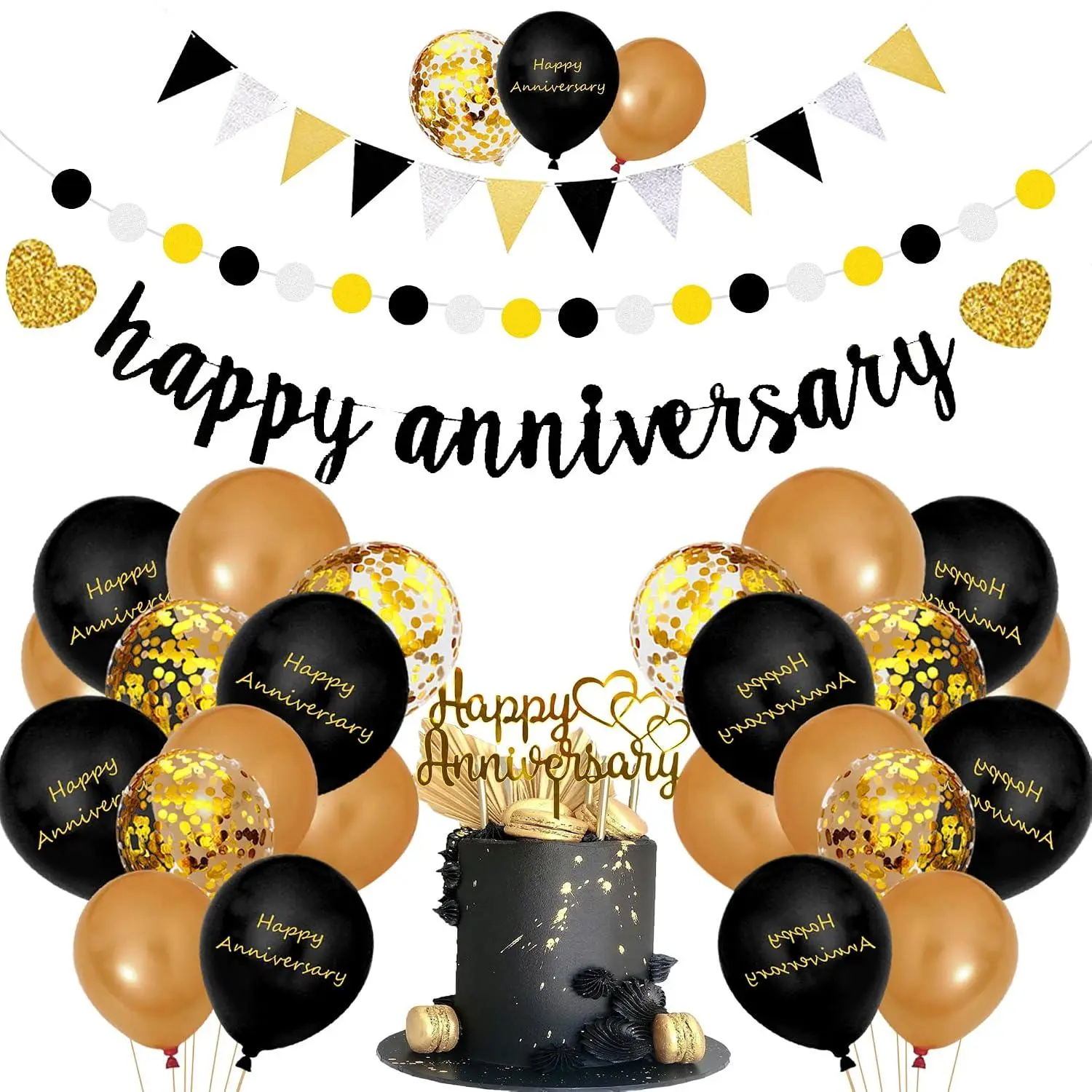 Happy Anniversary Decorations, Glitter Gold Black Happy Wedding Anniversary Decorations Sets With Banner, Cake Topper, Glitter Hanging And Balloons For All Ages' Anniversary Party Decorations