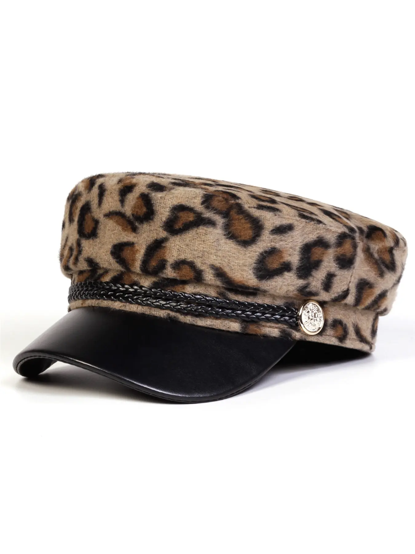 Unisex Faux Fur Leopard Print Beret Hat, PU Leather Sun Protection Casual Cap for Spring & Fall, Outdoor Travel Beach Vacation, Fitted Design, Leopard Pattern, Adjustable Sun Cap