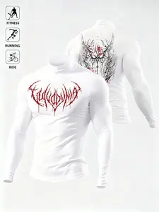 Men's Gothic Tribal Graphic Compression Shirt - 4-Way Stretch Quick Dry Gym Top for Streetwear Aesthetic & Pro Workout Performance, Mock Neck Muscle Fit Athlete Shirt