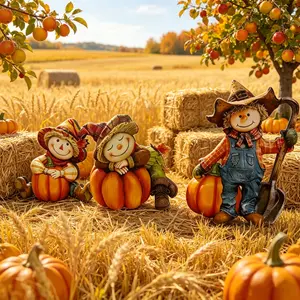 3 Piece Autumn Harvest Hay Bales Statue with Pumpkin, Thanksgiving Wooden Small Hay Bale Statue Table Decor, Home Office Decoration, Party Supplies