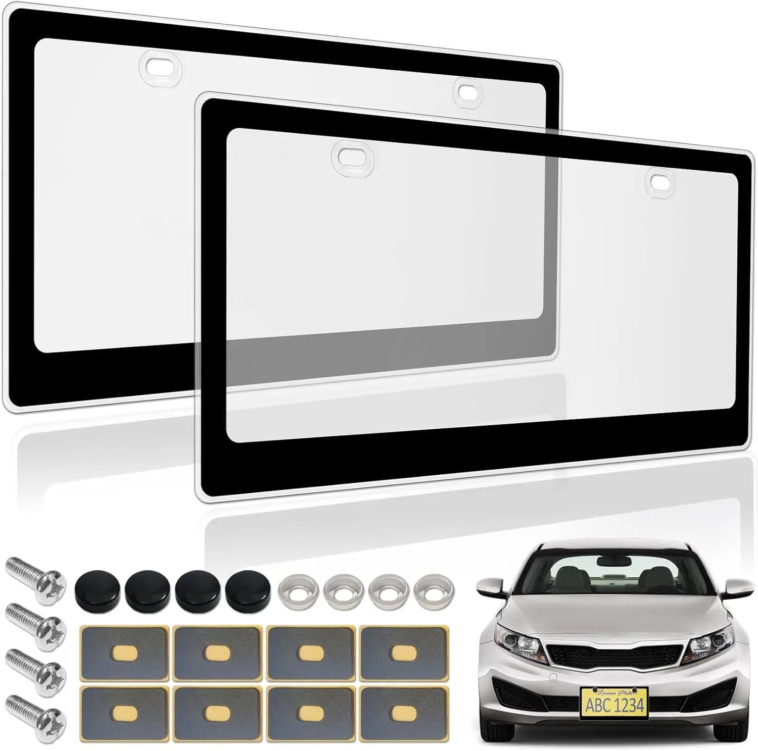 Clear License Plate Covers- Black  Tag Frame, Unbreakable Number Plate Protector with Screws Caps and Rattle Proof Pads, 2 Pack for Front Rear