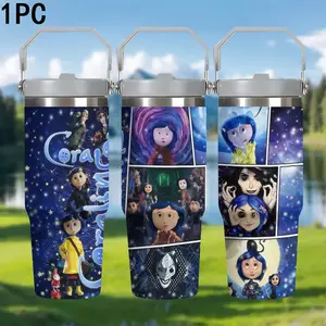 1pc 30oz Coraline Theme Stainless Steel Insulated Cup with Handle, Tumbler, Large Capacity Thermos Mug, Perfect Gift for Fans, Flask Tumbler