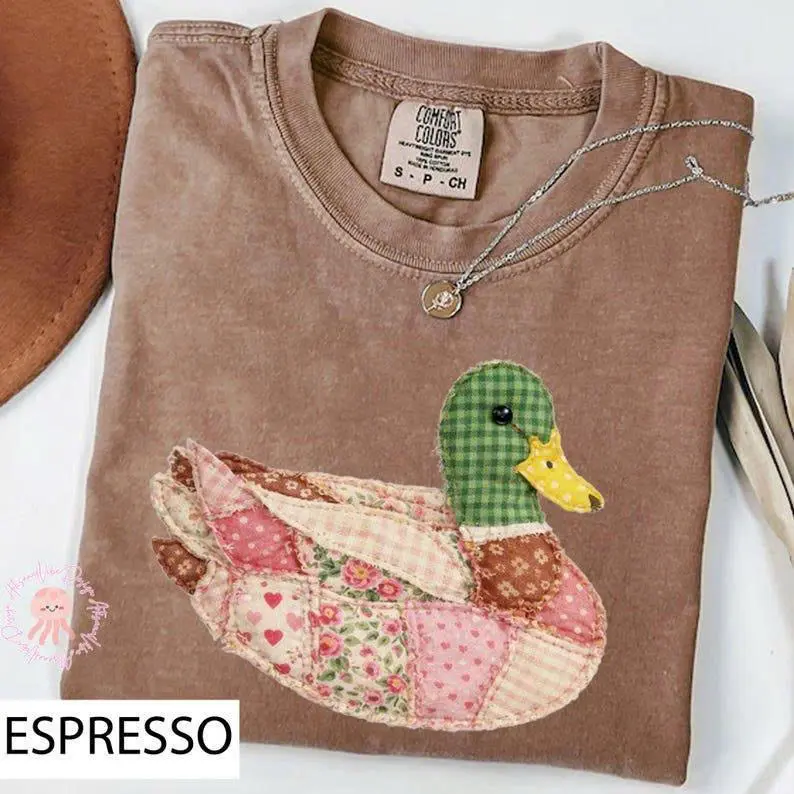 Faux Quilted Mallard Duck Comfort Colors Shirt, Patchwork Duck Graphic Tee, Cottagecore Farm Animal T-Shirt, Printed shirt