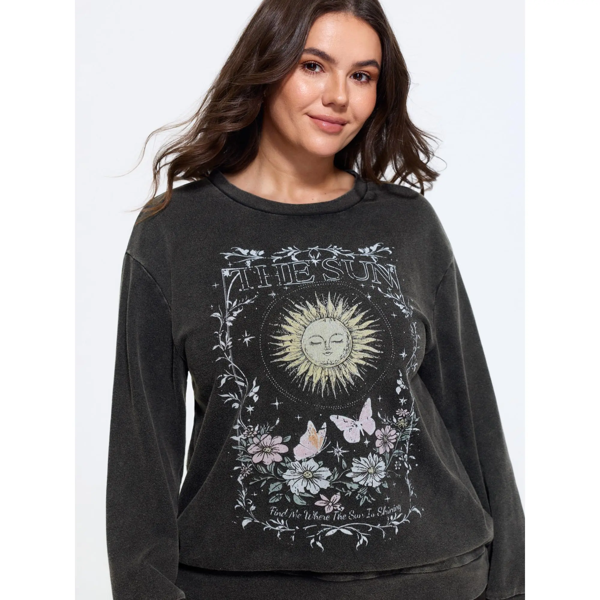 BLOOMCHIC Plus Size Vintage Washed Sun Floral Print Crew Neck Sweatshirt[M-6X] Summerfinds