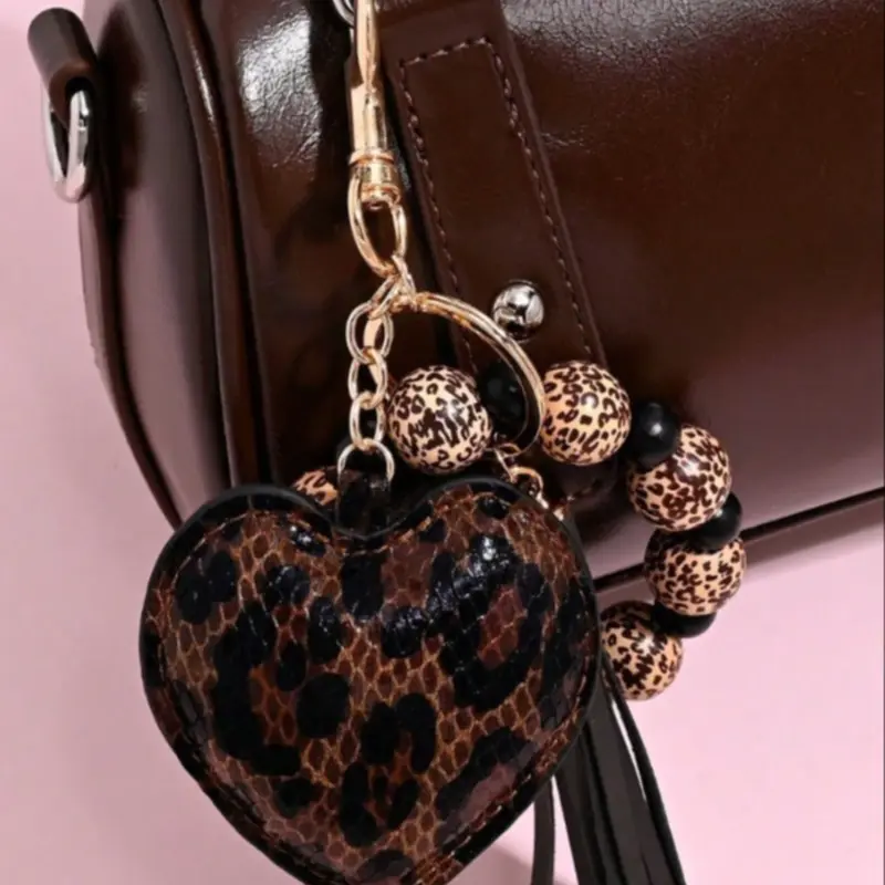 Leopard Print Wood Bead Keychain, Fashion Leather Heart Tassel Bag Charm, Gothic Leopard Print, Y2K Style, Unique Accessory, Stylish Keychain, Beaded Tassel Keychain, Keychain For Bags