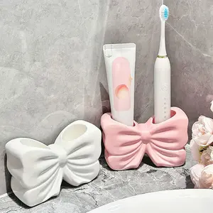 Girly Heart Bowknot Toothbrush Holder Creative Bathroom Washstand Electric Toothbrush Toothpaste Ceramic Storage Rack