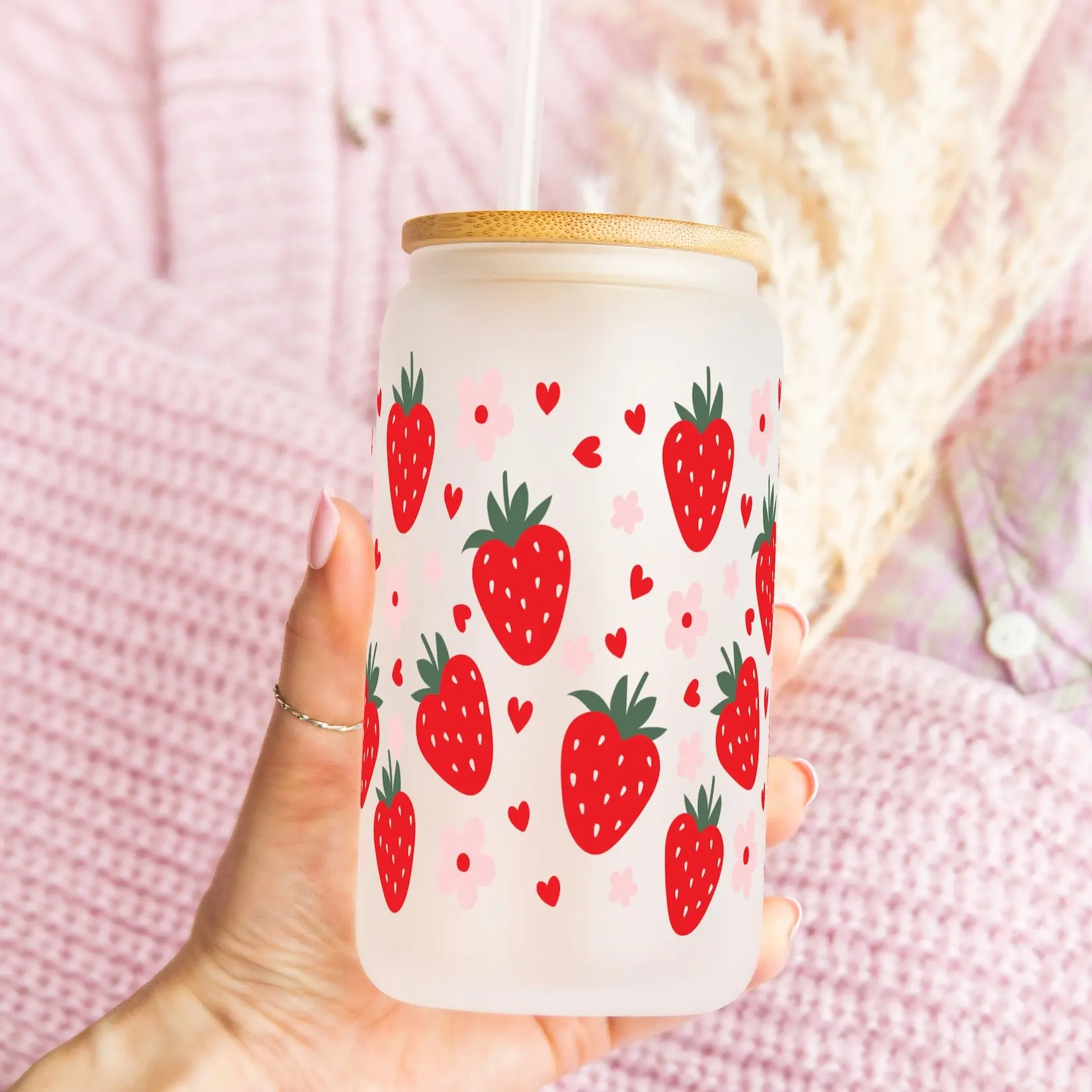 SIP-SIP HOORAY! 40oz Portable Reusable Strawberry-Themed Aesthetic Glass Cup, Bamboo Lid, Washable Silicone Straw, Iced Coffee Drinkware, Women's Gift Water Bottle, Gift-Ready