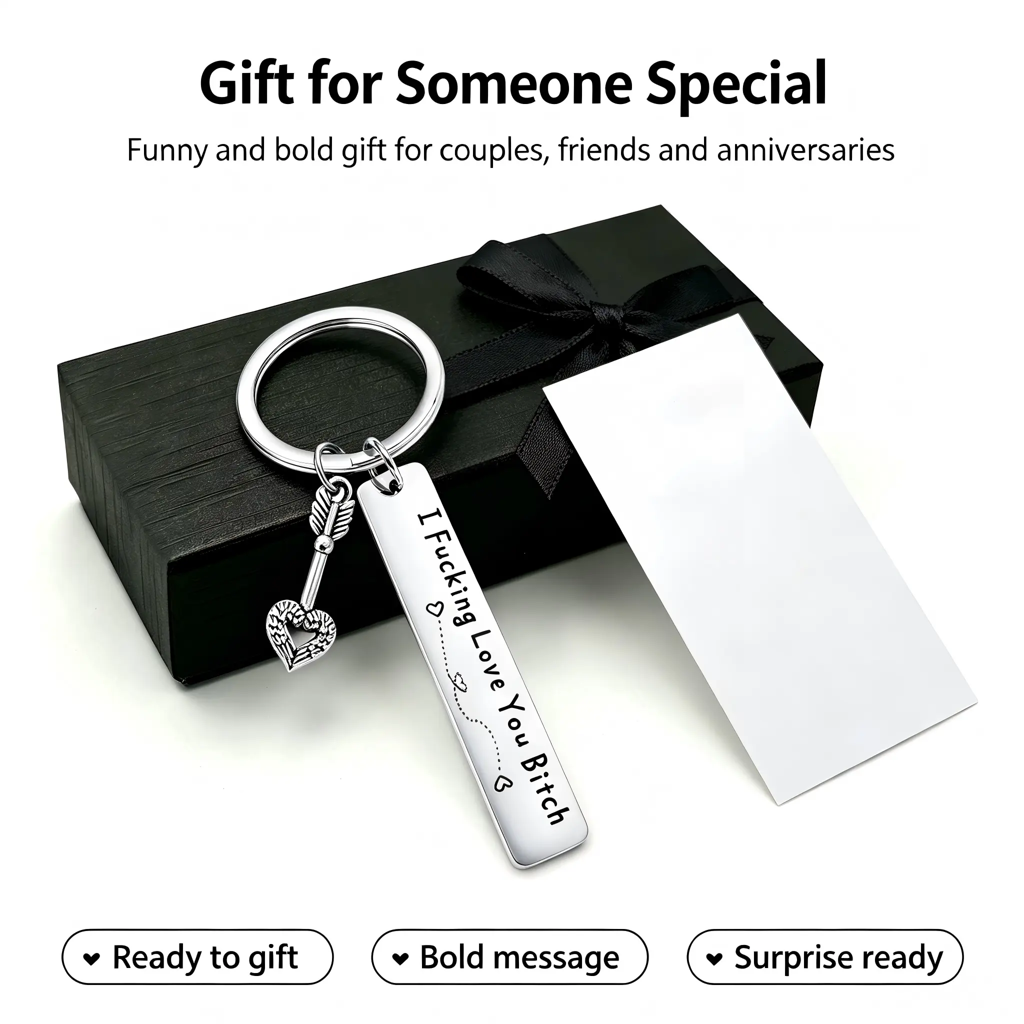 Funny Keychains for Women, Anti-Rust Coated Stainless Steel Custom Bespoke Engraved "I Fucking Love You Bitch" Keyring, Novelty BFF Birthday Gift
