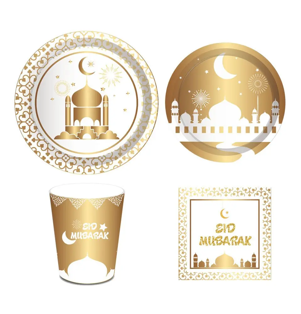 Eid Mubarak Disposable Dinner Set for 8 - Plates, Cups, Napkins - White