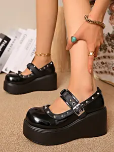 Punk Sweet Cool Stylish Rivet Thick Sole Mary Jane Shoes for Women, PU Leather Wedge Low Heel Pumps, Dark Style Female Footwear