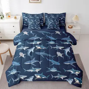 Kids Shark Comforter Bed Set with Sheets,7 Piece Ocean Animal Bedding Set,Boys Teen Bedroom Sealife Underwater World Bed Bag,Coastal Marine Life Bed Set