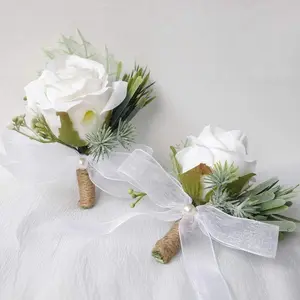 Ivory Rose Wrist Corsage Wristlet Band Bracelet and Men Boutonniere Set for White Wedding Flower Accessories Prom Suit Decorations