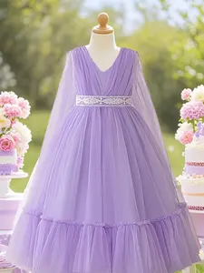 Girl's Floral Embroidery Lace Trim Tulle Dress, Elegant A Line Dress for Party Wedding Guest, Kids Clothes for All Seasons