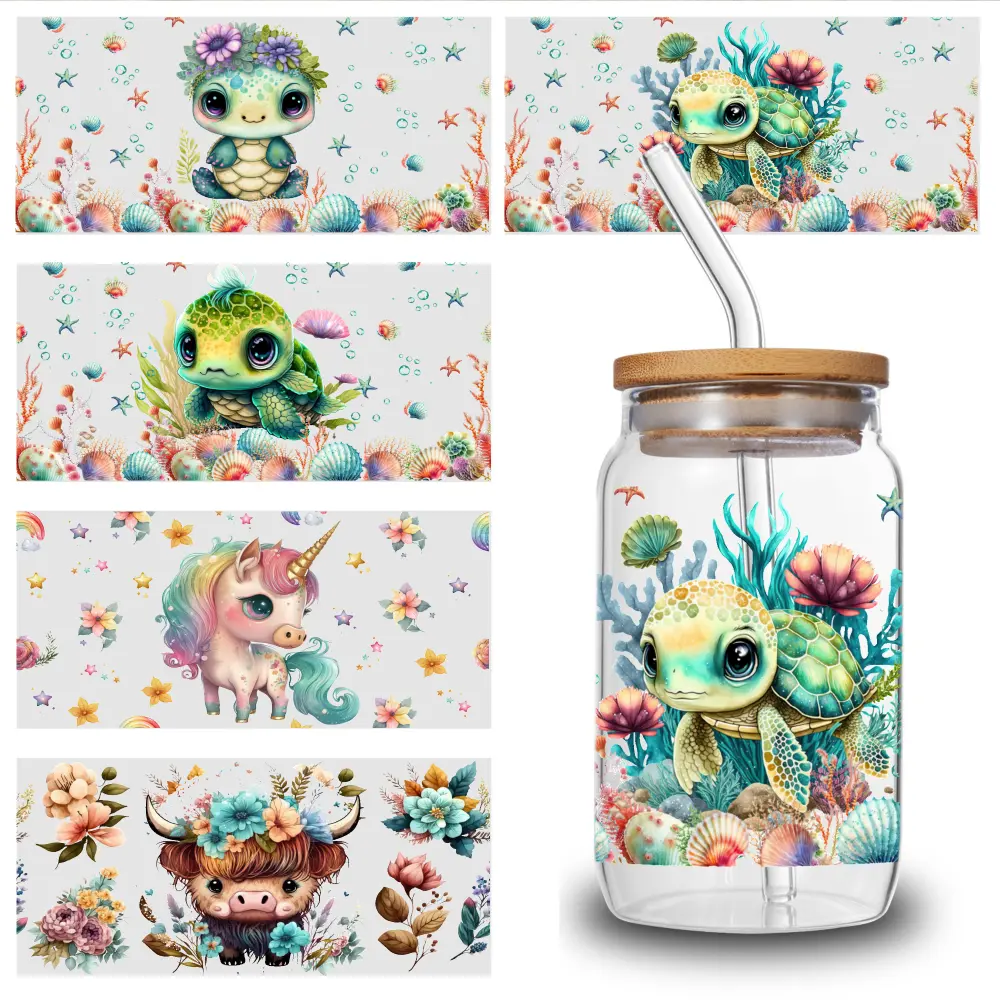 5 Pcs Turtle Pattern UV DTF Stickers - Waterproof Rub-On Transfers for 16 oz Tumblers & Glass Cups, Easy-to-Use Home Decor Embellishment with Good Elasticity to Improve Hands-On Skills