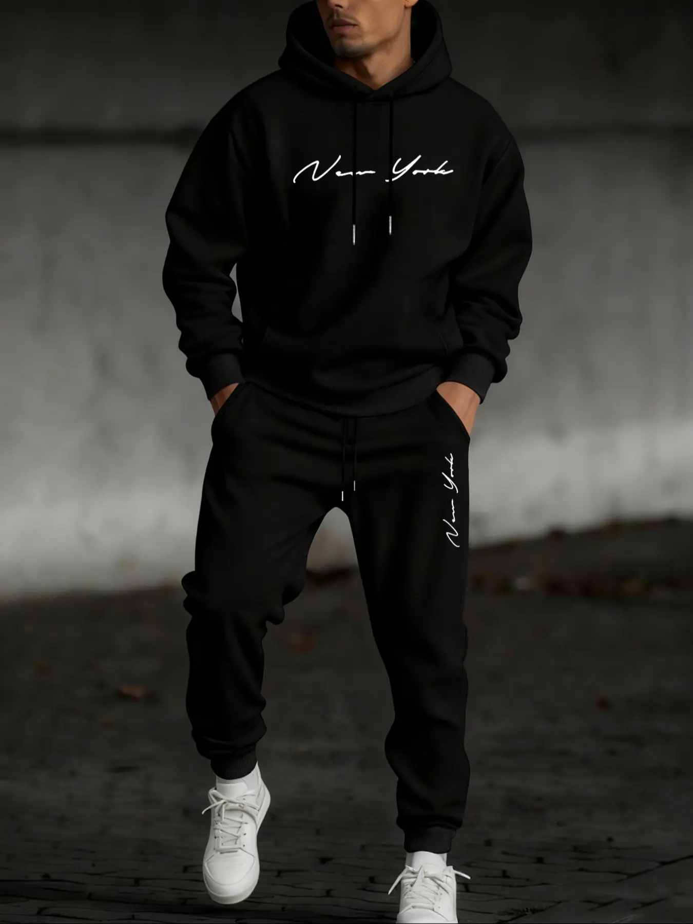 Men's Hooded Sweatshirt Set 2 Piece, Casual Sportswear Set, Letter Print Pullover + Drawstring Casual Sport Pants, Fall & Winter, Streetwear Tracksuit, Athleisure Tracksuit Outfit, Casual Sporty Set