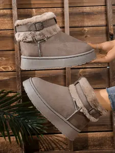 Women's Winter New Thick Sole Snow Boots, Plush Buckle Warm Short Ankle Booties, Fashionable Outdoor Footwear for Cold Weather