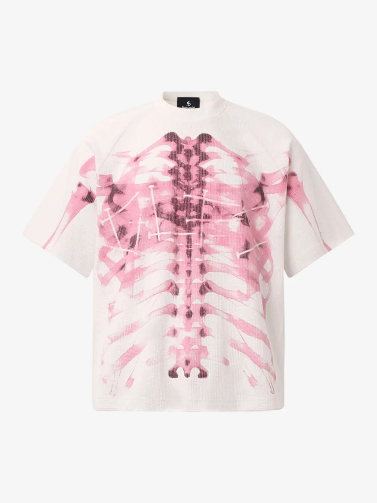 Thesupermade Rib Cage Print Waffle Knit Tee | Pink Skeleton X-Ray Graphic Oversized Streetwear T-Shirt Men