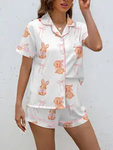 Easter Bunny Print Women's Sleepwear Pajama Set, Short Sleeve Button Front Soft Top and Loose Elastic Shorts, Casual Home Wear Loungewear Pjs Womenswear, Sleepwear Pajamas