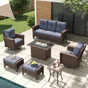 LayinSun 7-Piece Wicker Patio Furniture Set with Fire Pit Table, Classis Outdoor Conversation 360 Degree Swivel Chairs Set with Coffee Table