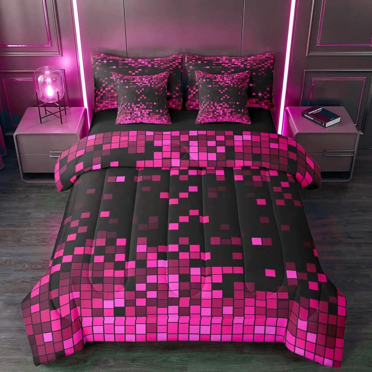 Pink Black Gradient 8-bit Pixel Comforter Set with Sheets Nostalgic Gamer 7 Pieces Bedding Set Retro Pixel Bed in a Bag Gaming Room Decor Room Decor Microfiber